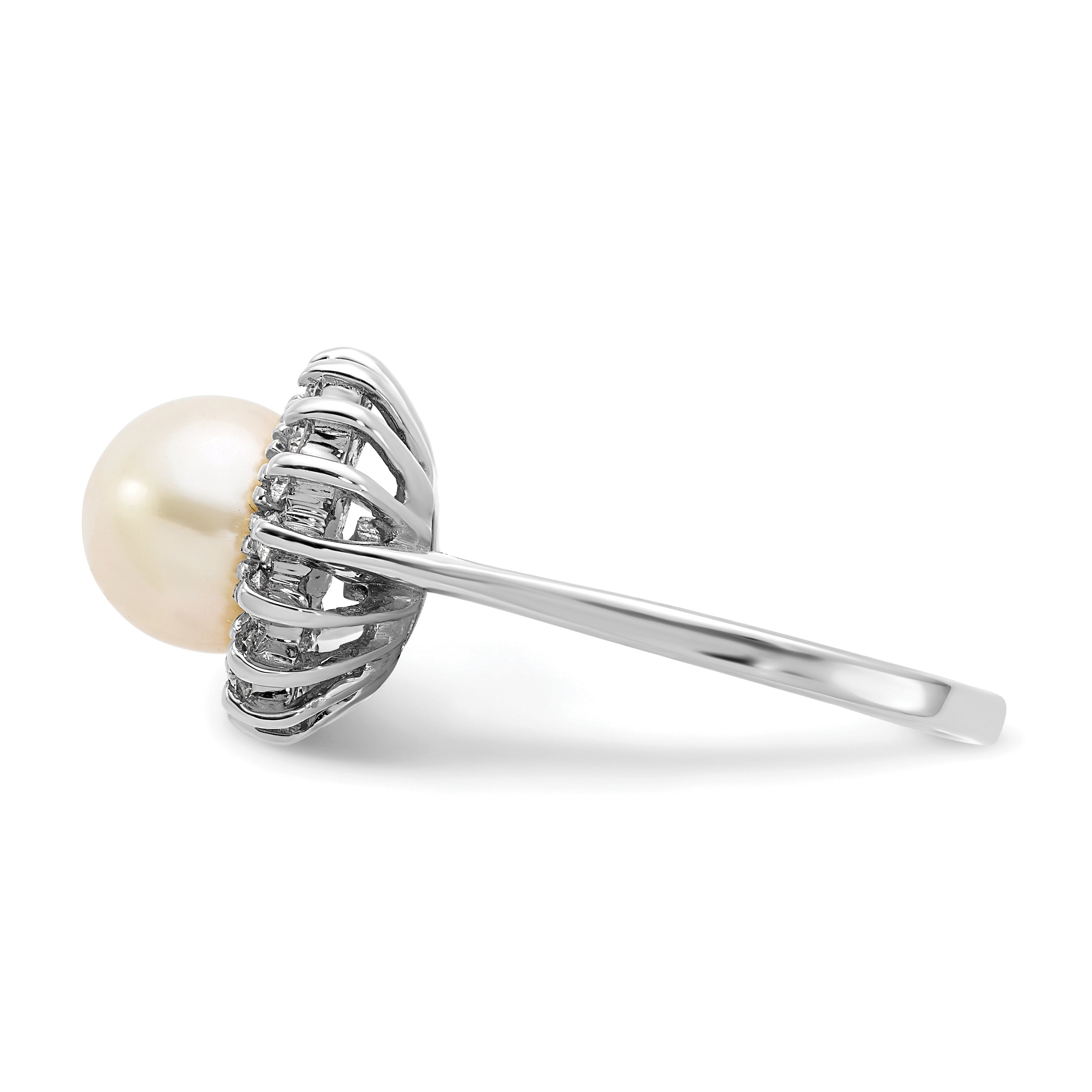 14k White Gold 7.5mm Fresh Water Cultured Pearl AA Diamond Ring