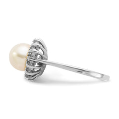 14k White Gold 7.5mm Fresh Water Cultured Pearl AA Diamond Ring