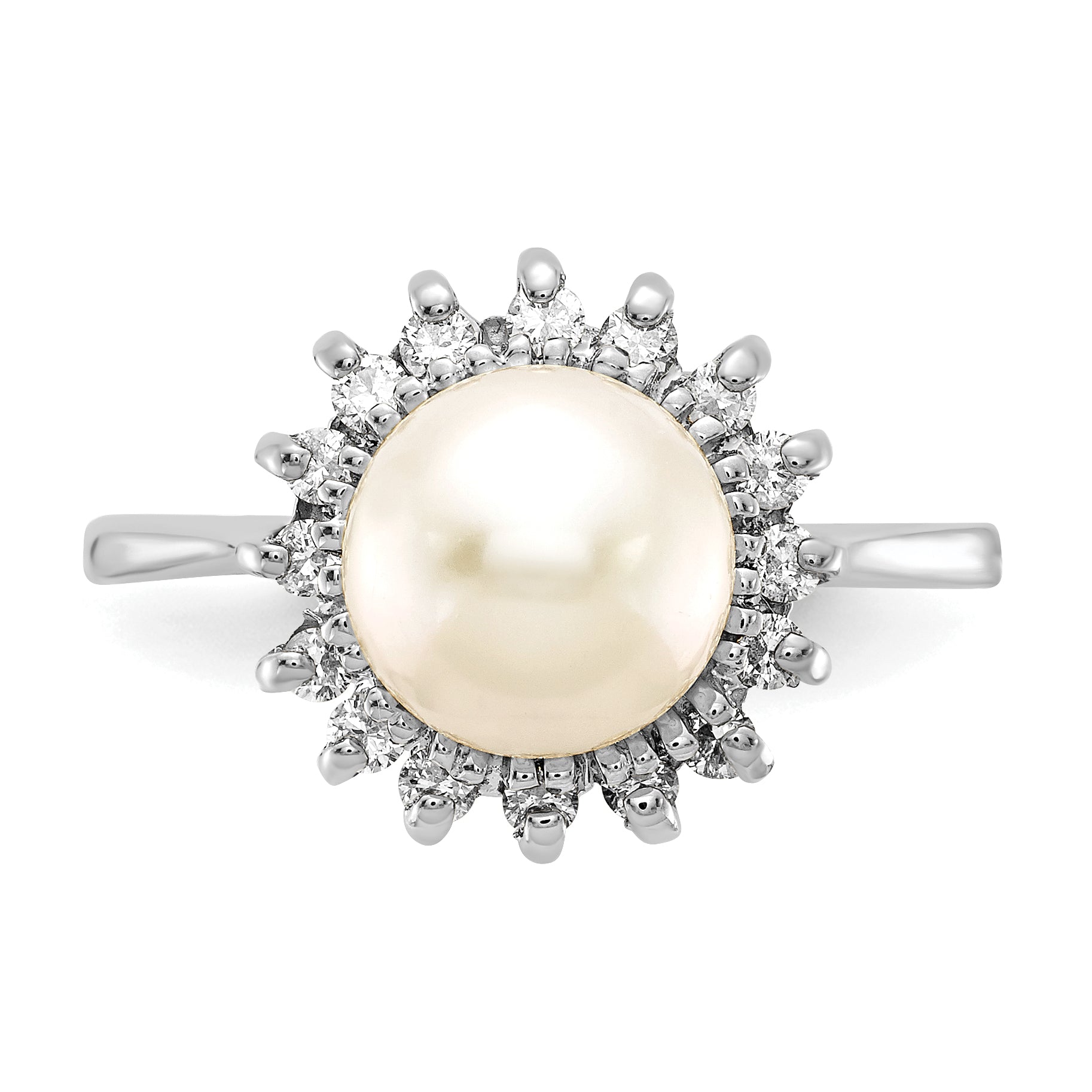 14k White Gold 7.5mm Fresh Water Cultured Pearl AA Diamond Ring