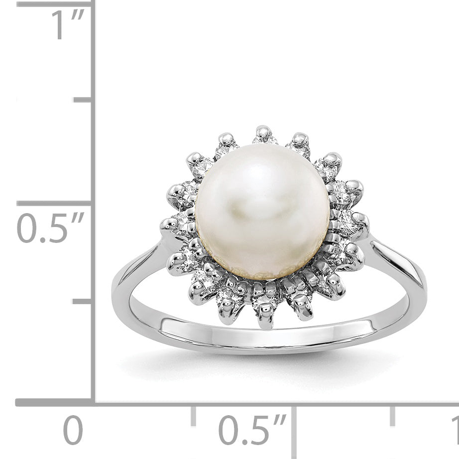 14k White Gold 7.5mm Fresh Water Cultured Pearl AA Diamond Ring