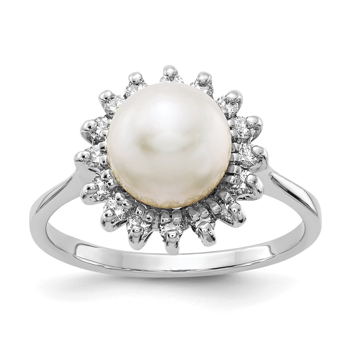 14k White Gold 7.5mm Fresh Water Cultured Pearl AA Diamond Ring