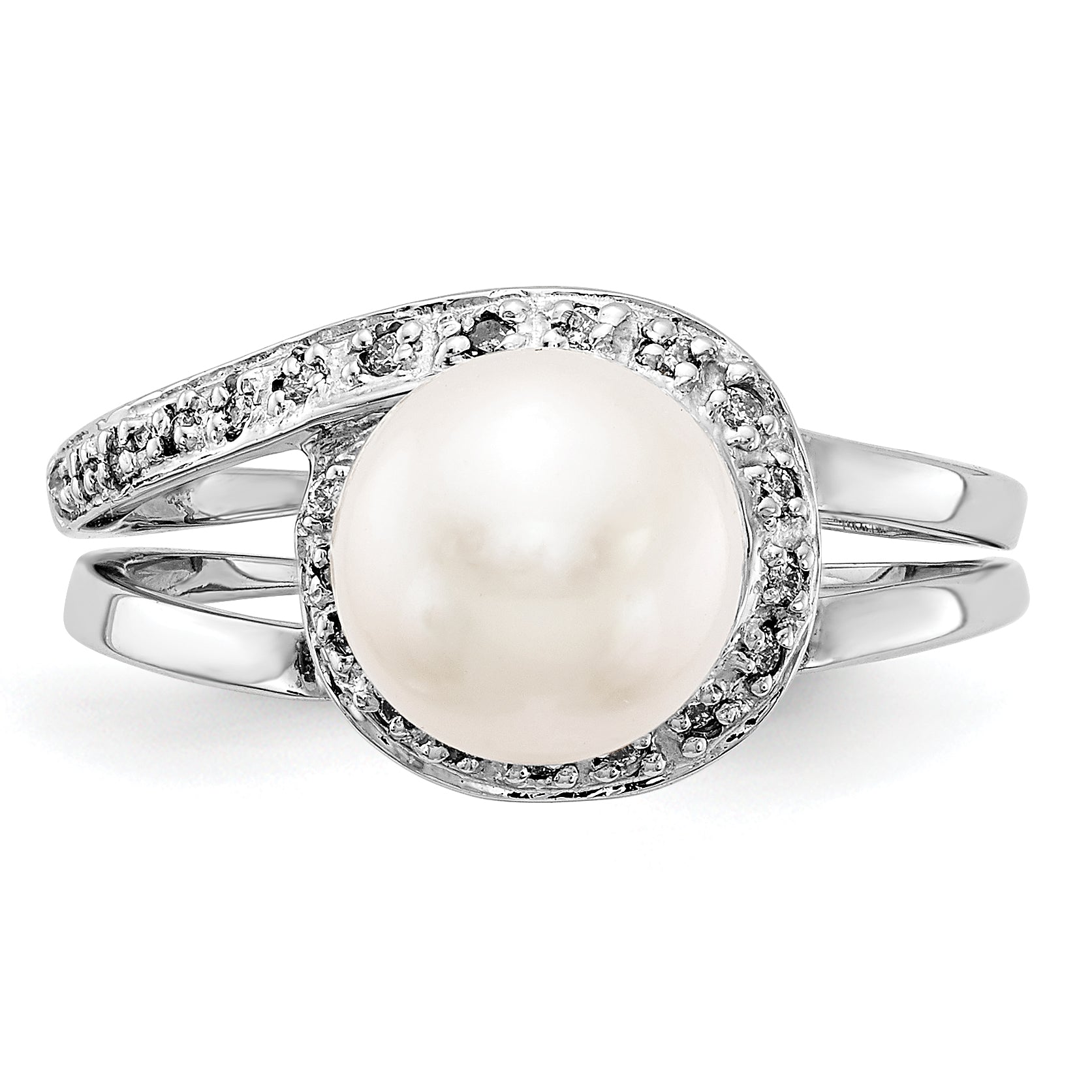 14k White Gold 7.5mm Fresh Water Cultured Pearl AA Diamond ring