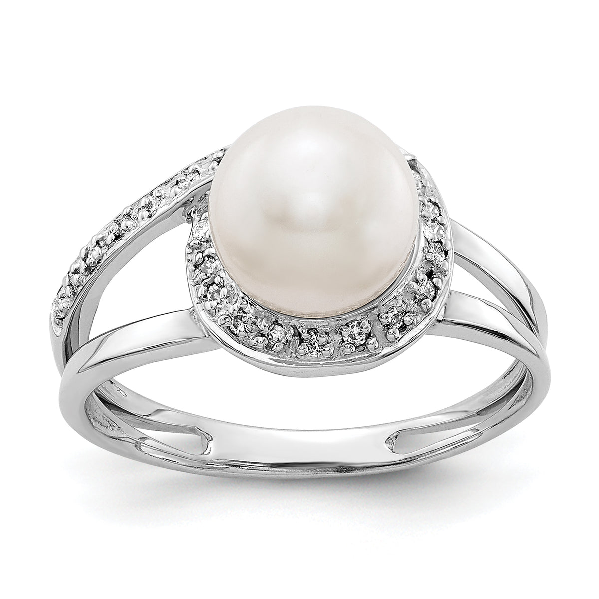 14k White Gold 7.5mm Fresh Water Cultured Pearl AA Diamond ring