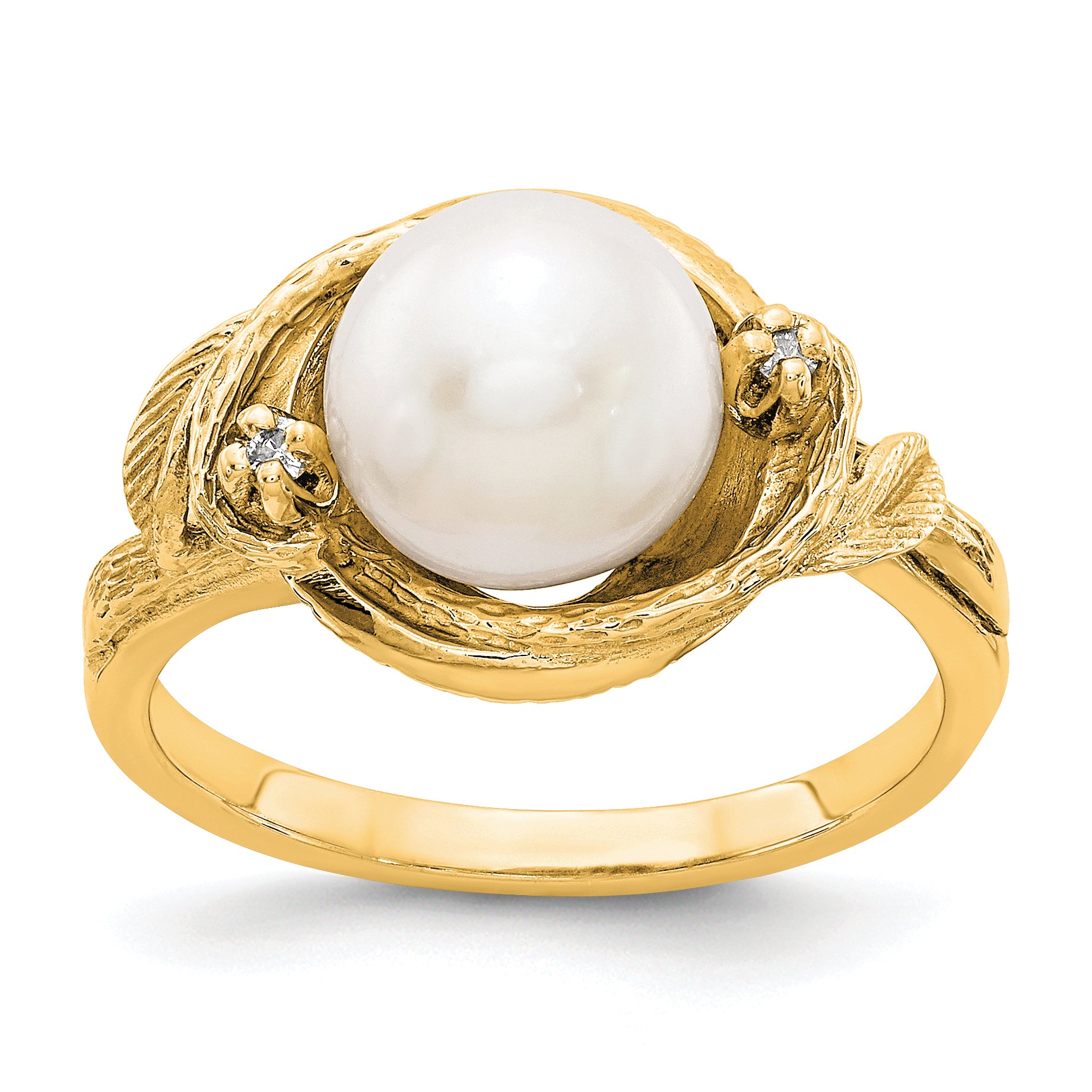 14k 7.5mm Fresh Water Cultured Pearl AA Diamond ring