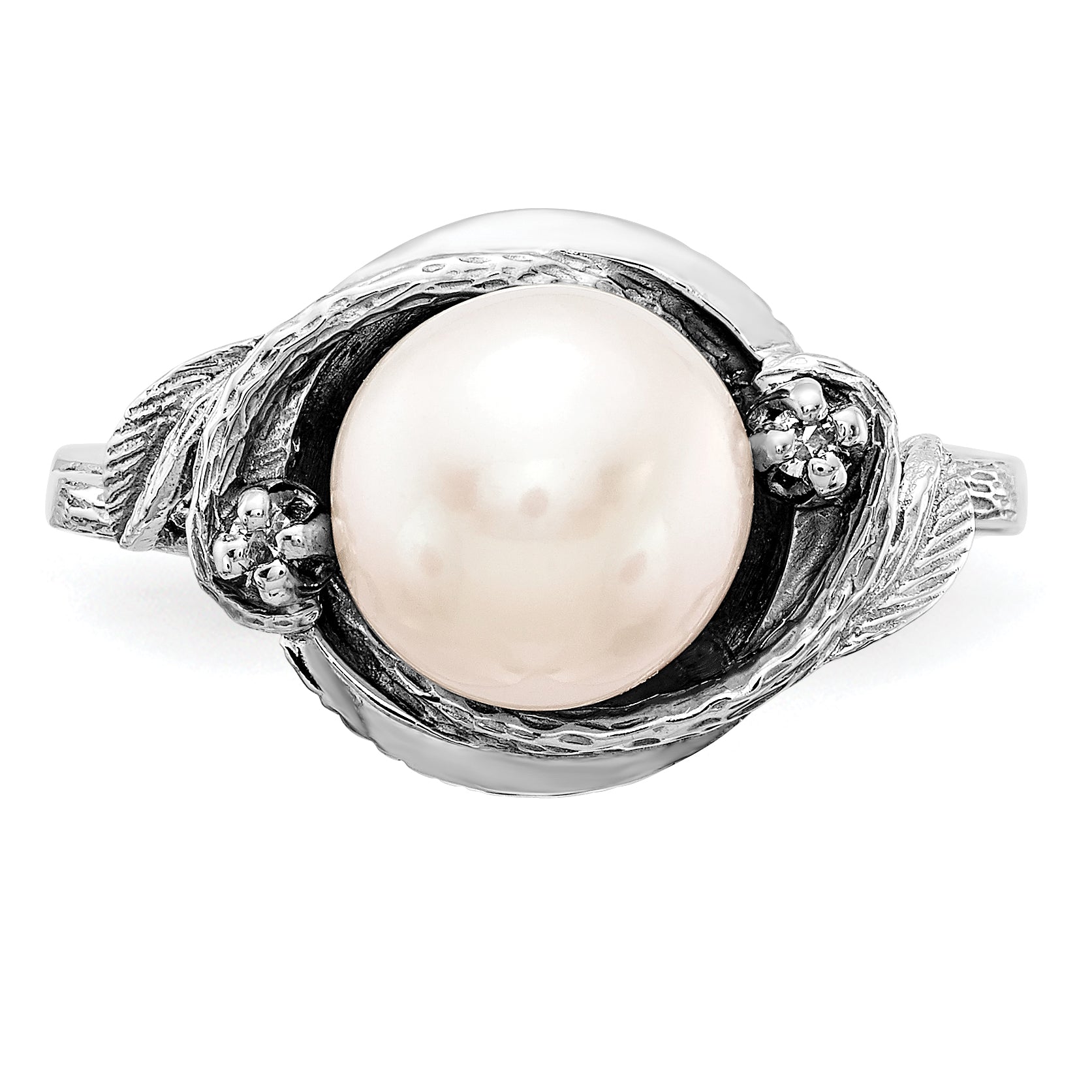 14k White Gold 7.5mm Fresh Water Cultured Pearl AA Diamond ring