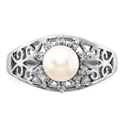 14k White Gold 6mm Fresh Water Cultured Pearl AA Diamond ring