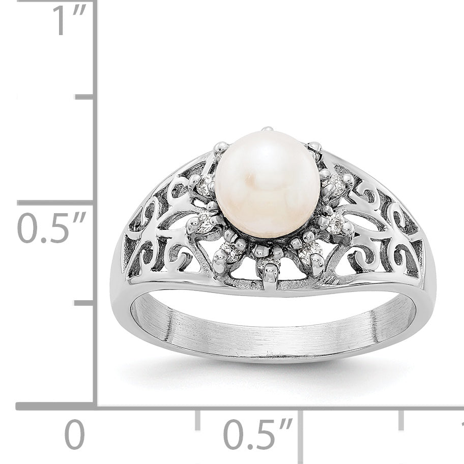 14k White Gold 6mm Fresh Water Cultured Pearl AA Diamond ring