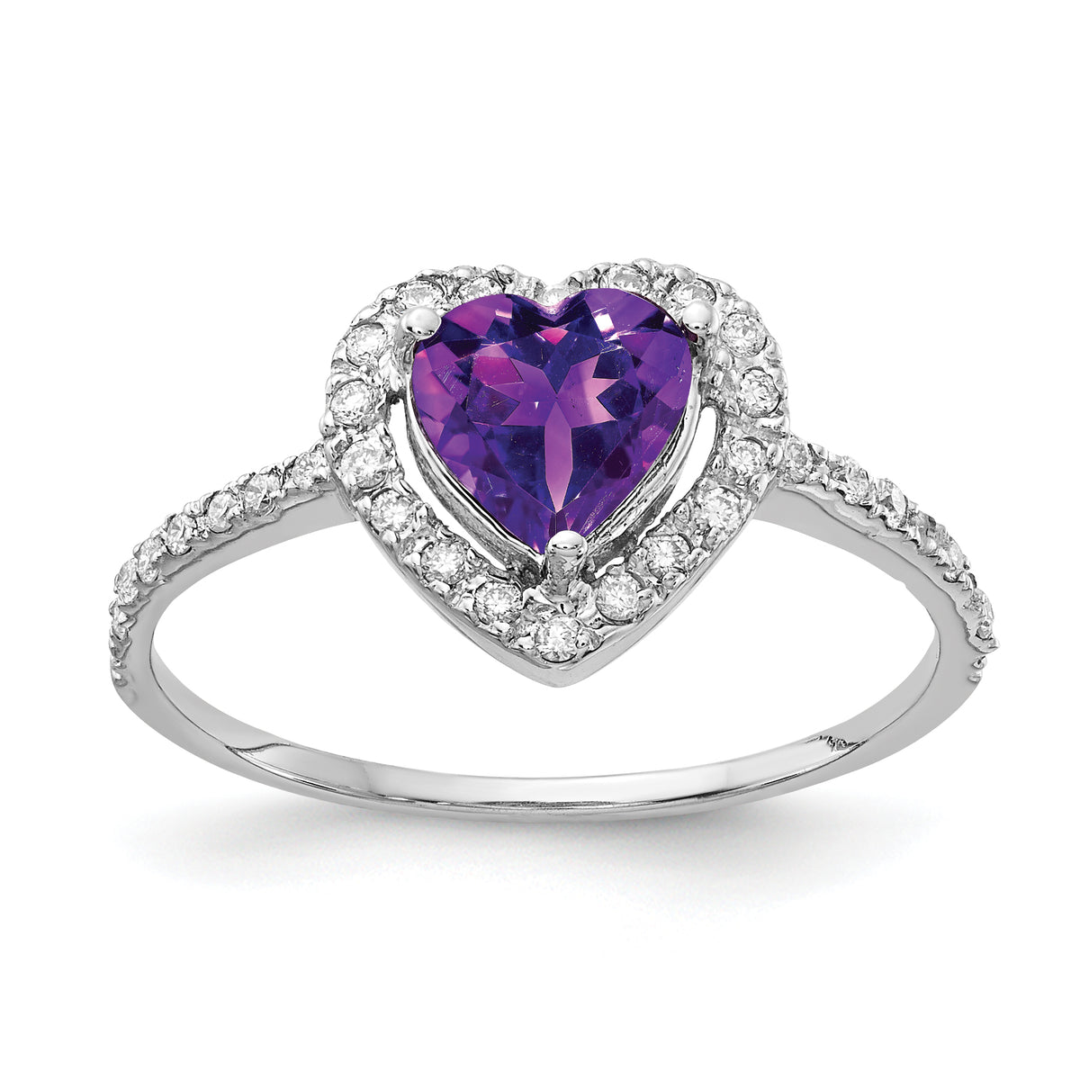 14k White Gold 6mm Heart Amethyst AA Diamond ring