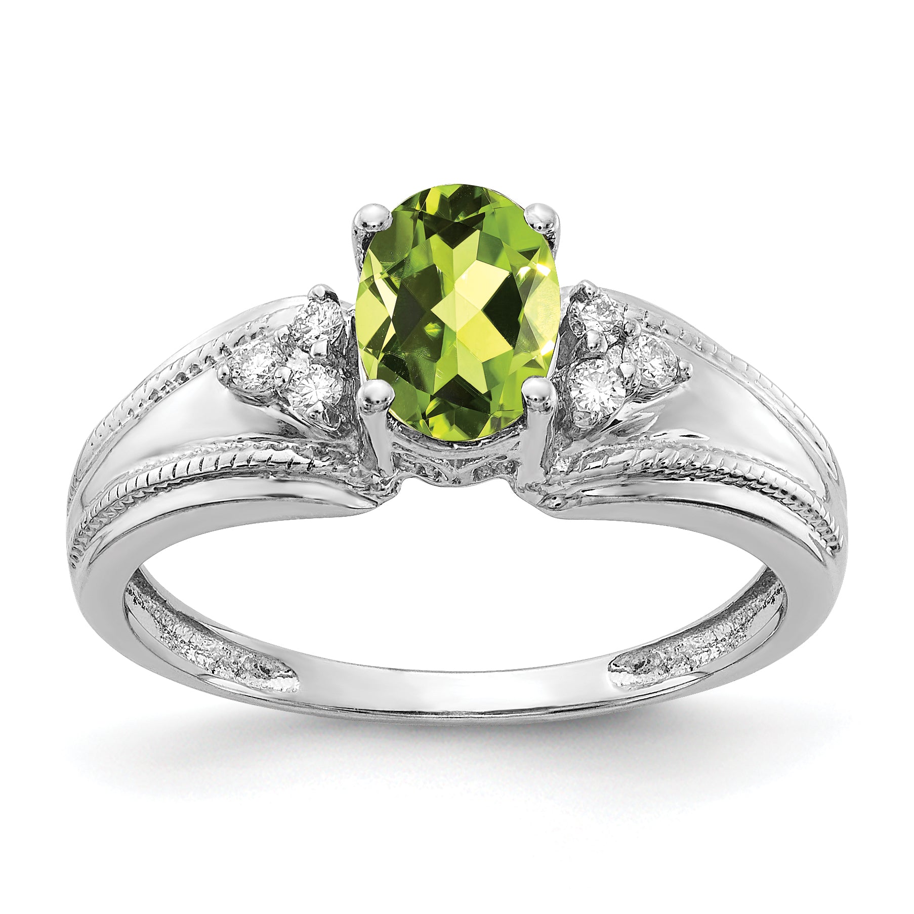 14k White Gold 7x5mm Oval Peridot AA Diamond ring