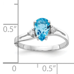 14k White Gold 7x5mm Pear Blue Topaz AA Diamond ring