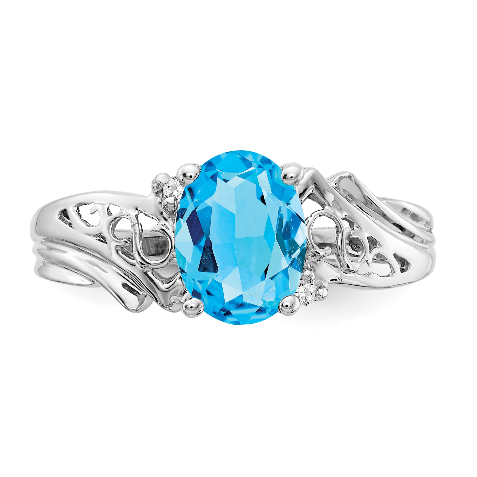 14k White Gold 8x6mm Oval Blue Topaz AA Diamond ring