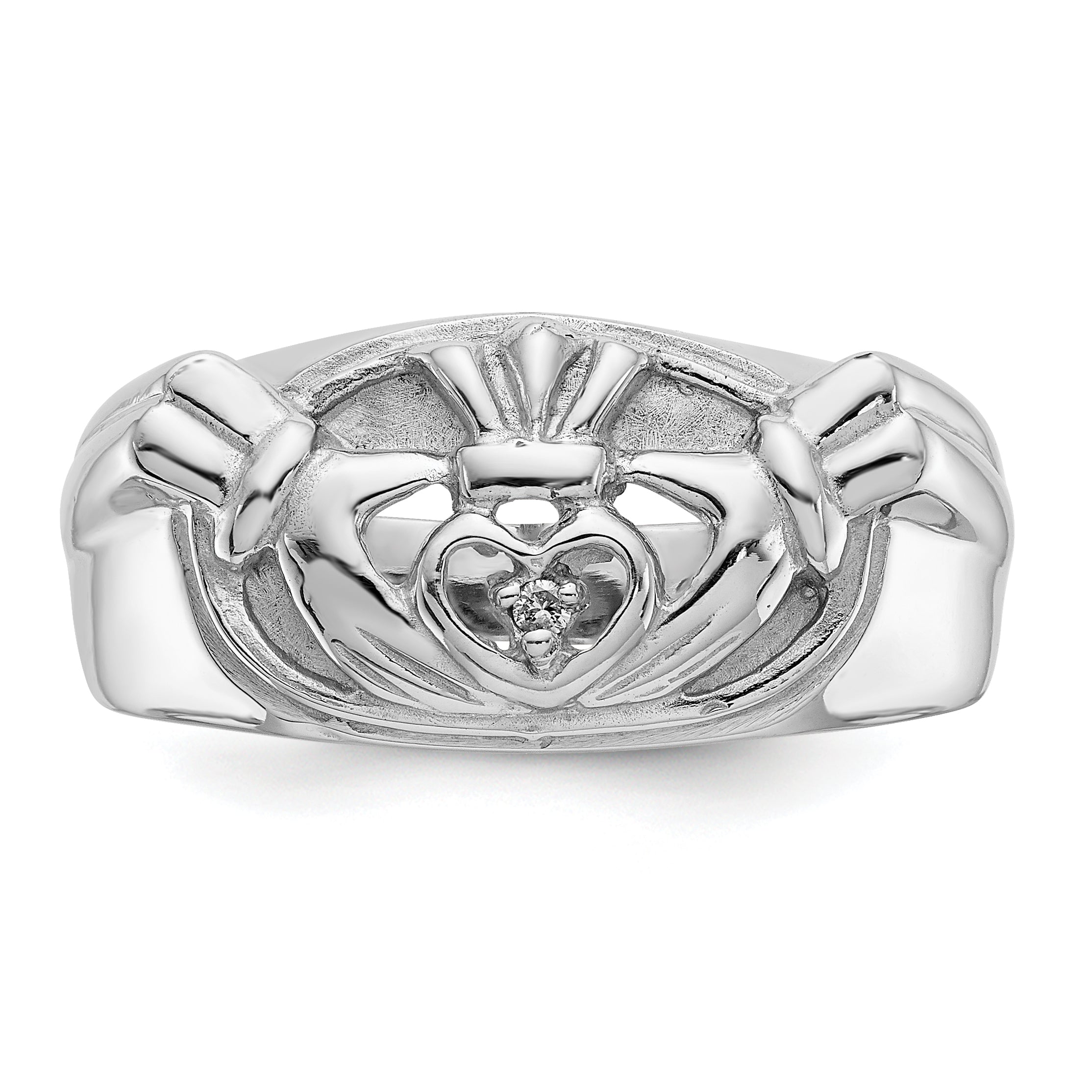 14k White Gold Men's Claddagh Band AA Dia Ring