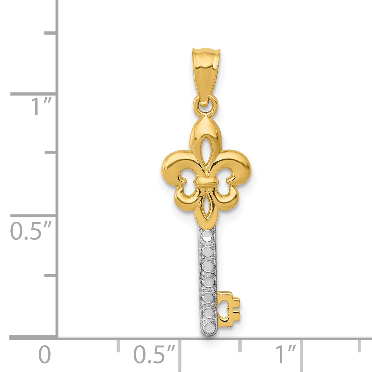 14K With  White Rhodium Polished Fleur De Lis Key Charm