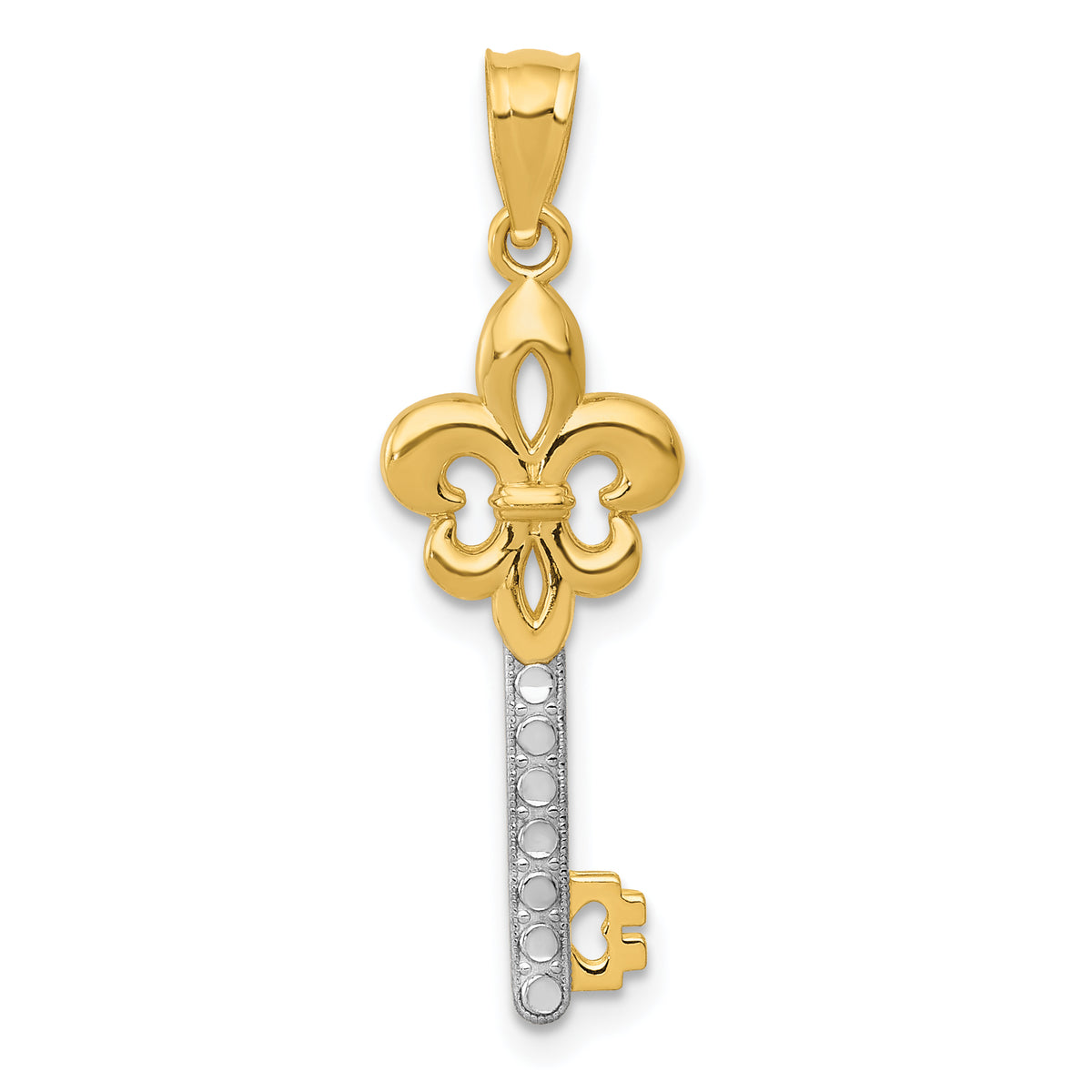 14K w/ White Rhodium Polished Fleur De Lis Key Charm