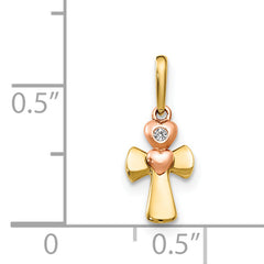 14K Yellow and Rose Gold CZ Children's Cross Heart Pendant