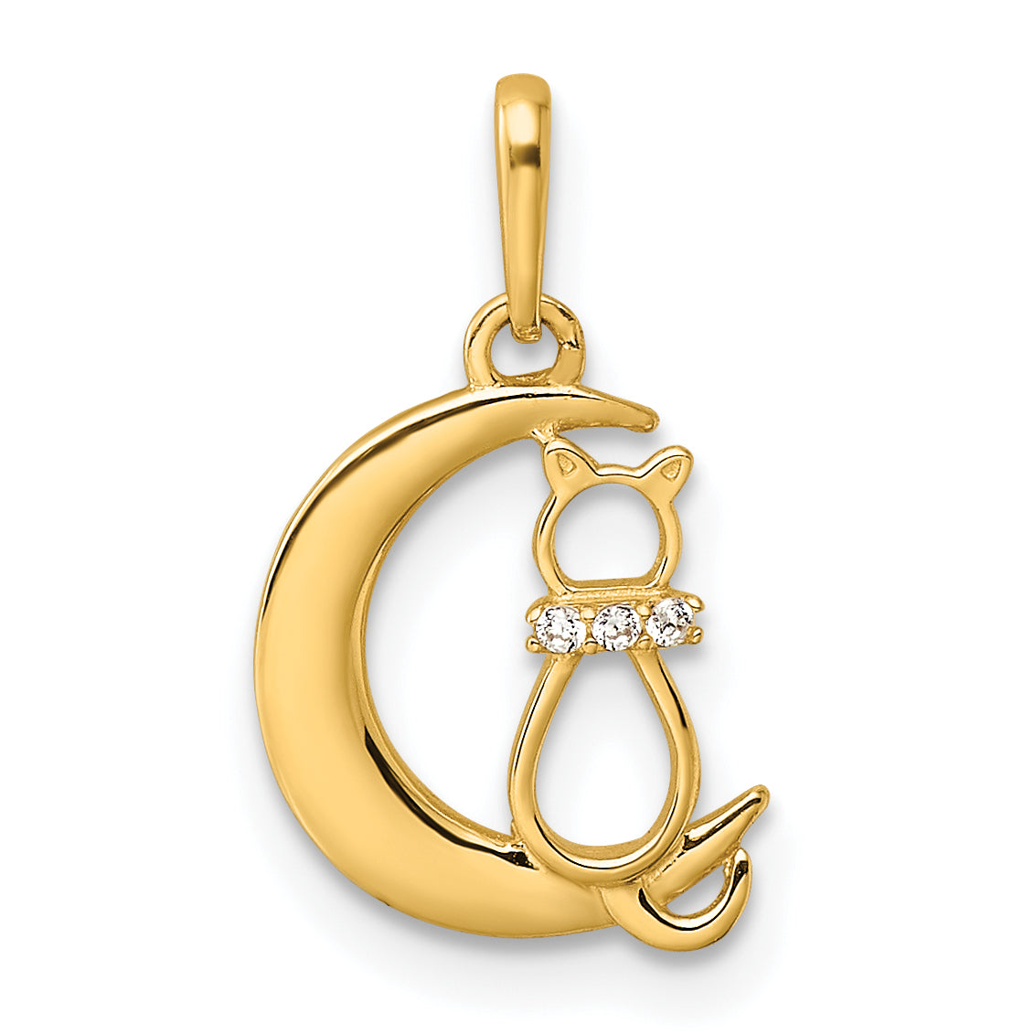 14k Childrens CZ Cat and Moon Pendant