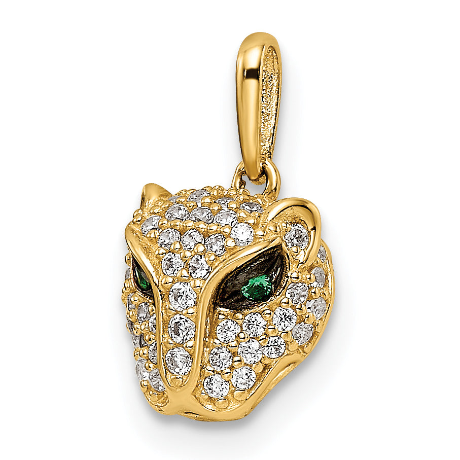 14K Polished Green & White CZ Lioness Head Pendant