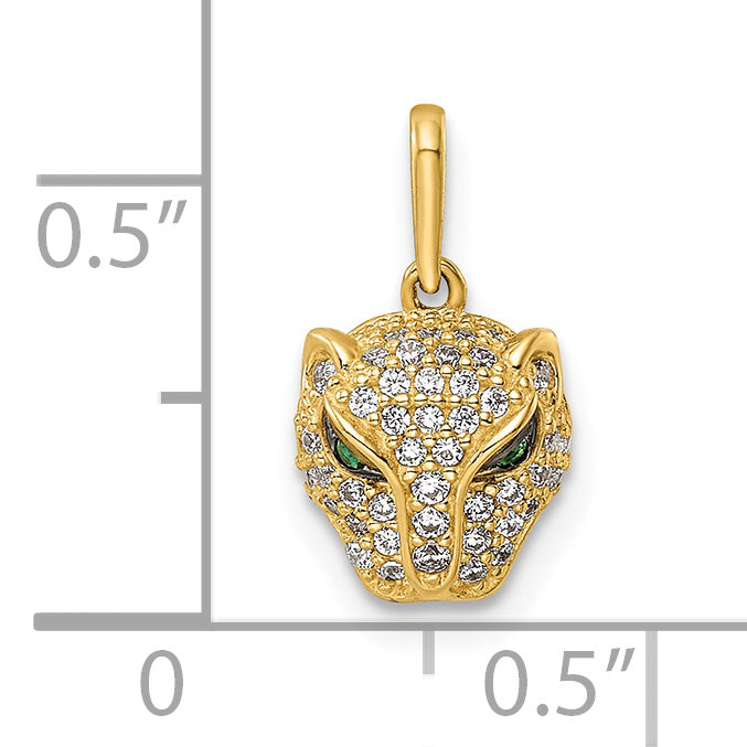 14K Polished Green & White CZ Lioness Head Pendant