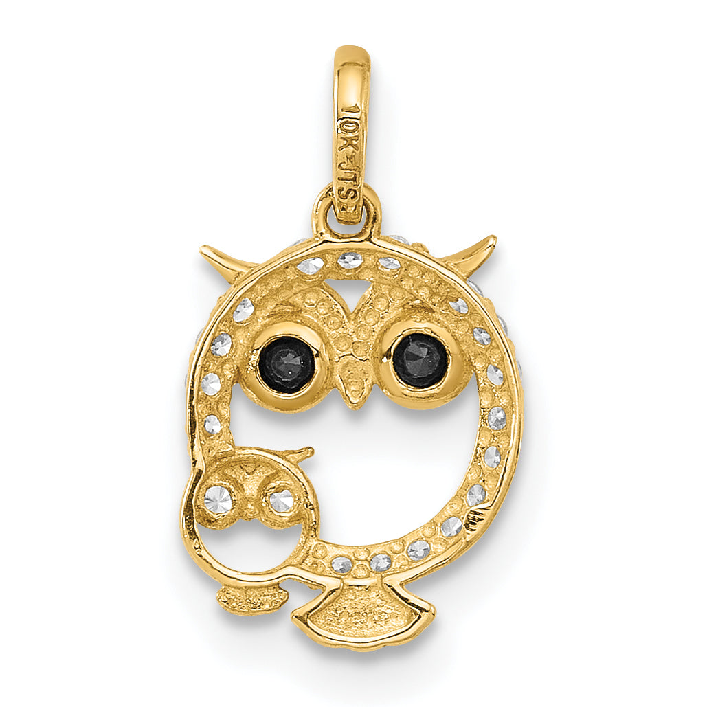 14K Polished Black and White CZ Mommy and Baby Owl Pendant