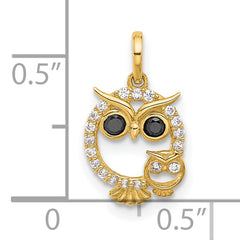 14K Polished Black and White CZ Mommy and Baby Owl Pendant