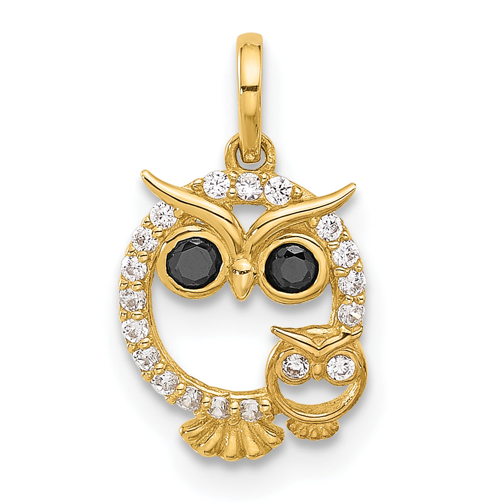 14K Polished Black and White CZ Mommy and Baby Owl Pendant