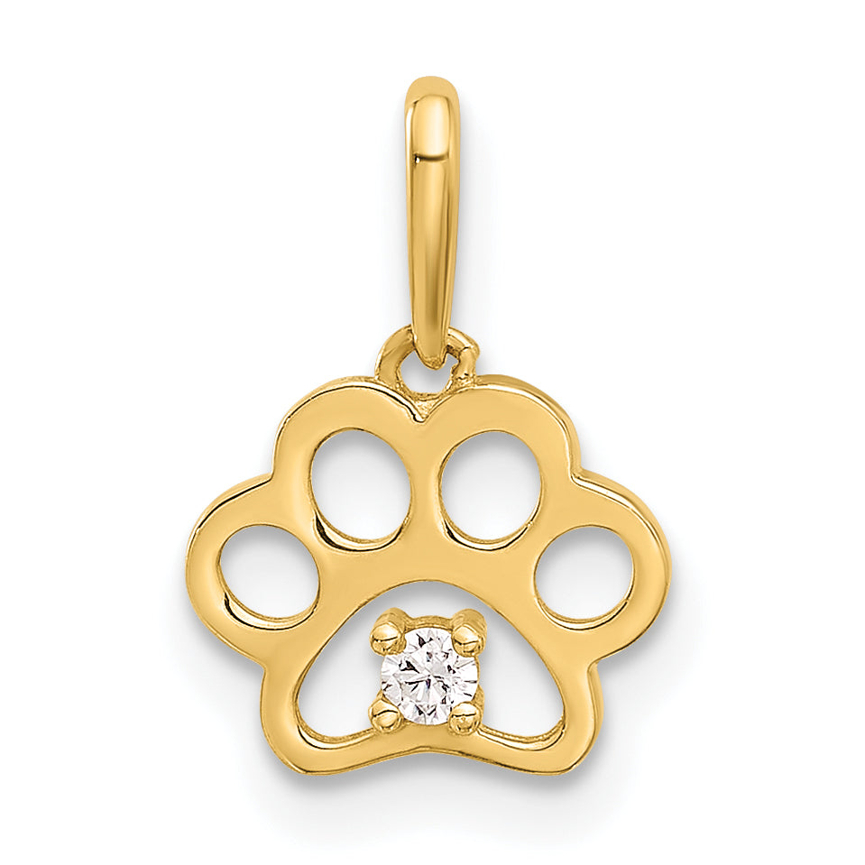 14k Polished CZ Paw Print Pendant