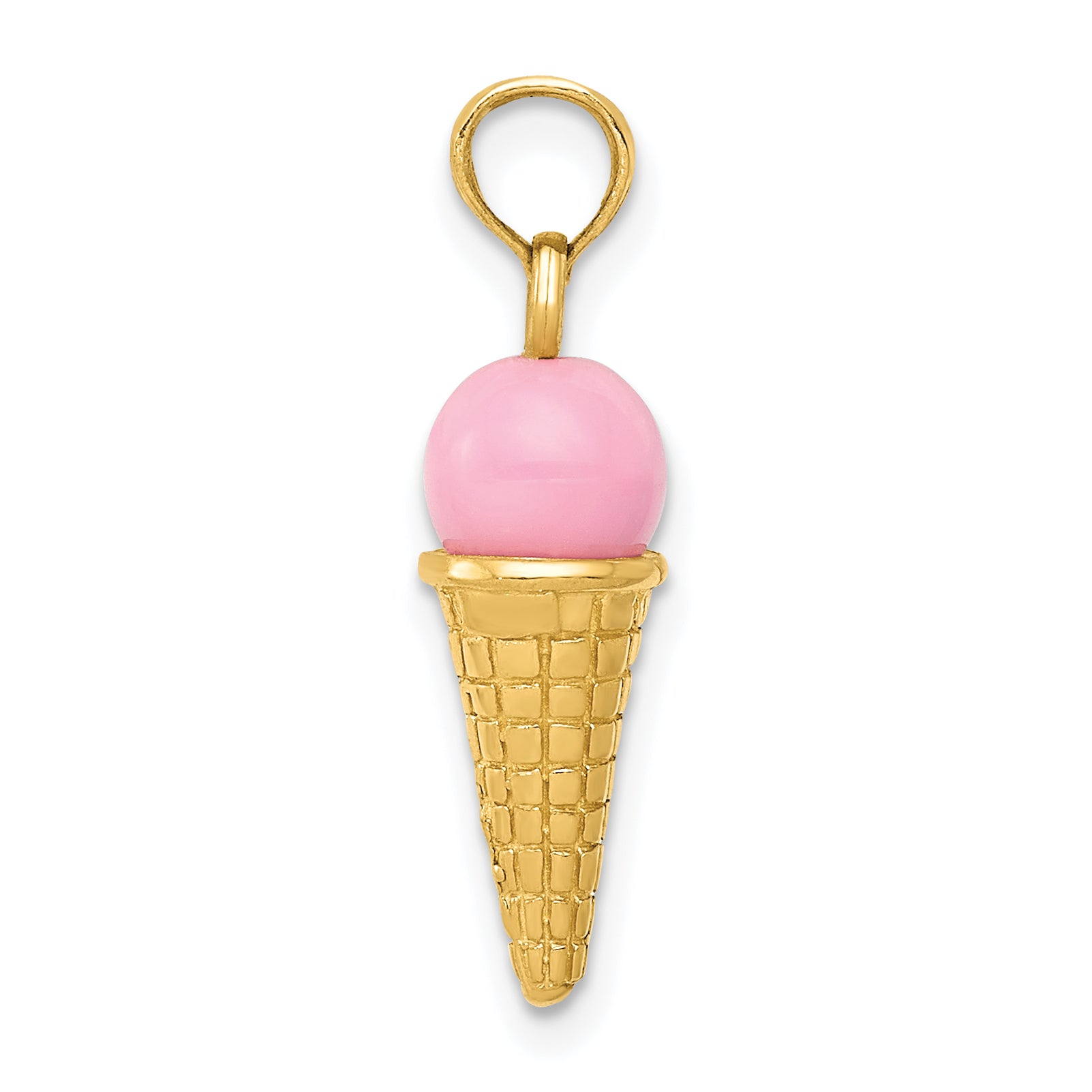 14K Satin Polished 3D  Pink Quartz Ice Cream Cone Charm