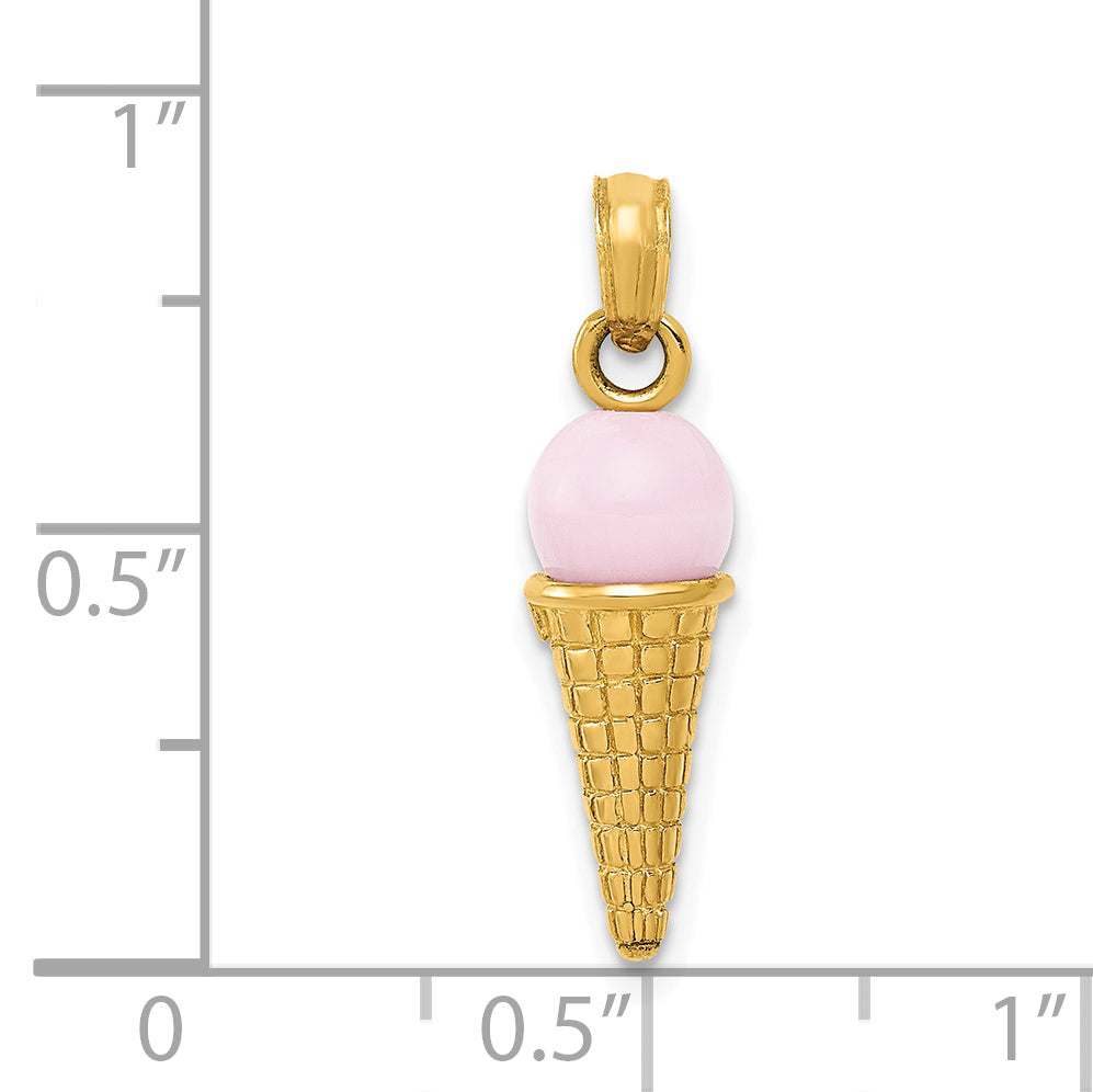 14K Satin Polished 3D  Pink Quartz Ice Cream Cone Charm