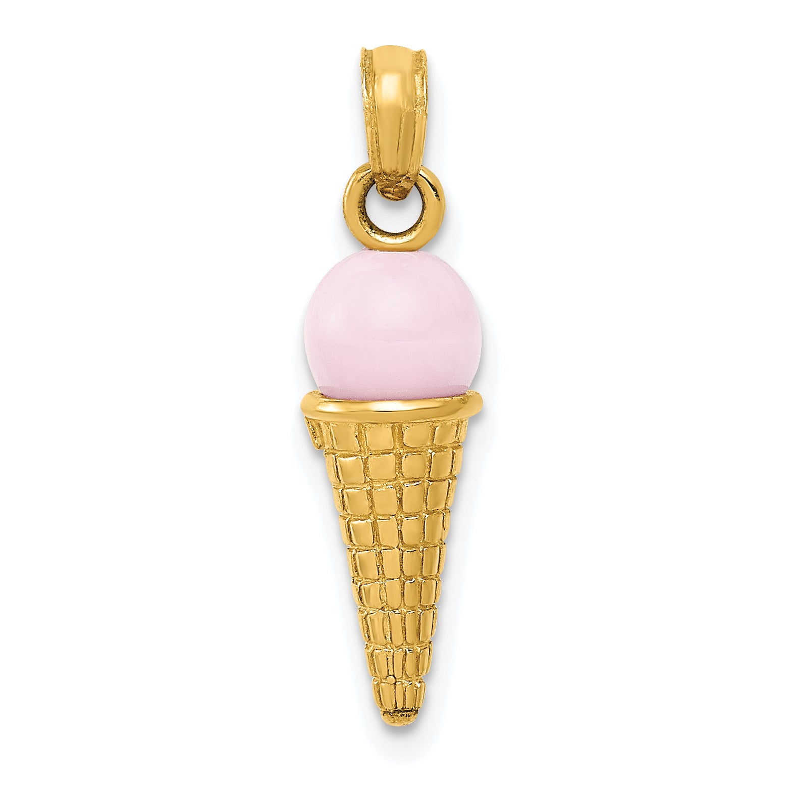 14K Satin Polished 3D  Pink Quartz Ice Cream Cone Charm