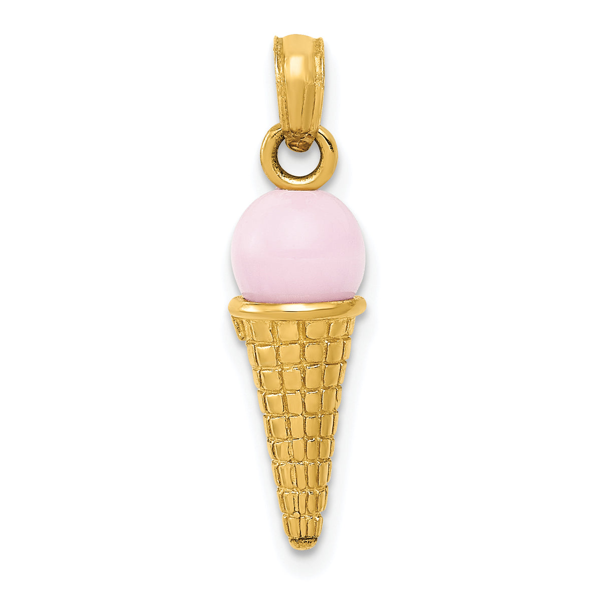 14K Satin Polished 3D  Pink Quartz Ice Cream Cone Charm