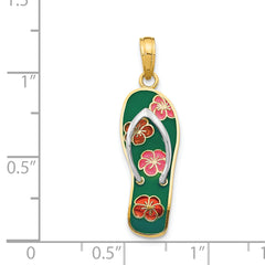 14K Rhodium 3D Enameled Flowers On Green Flip Flop Pendant