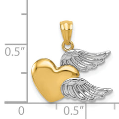 14K and White Rhodium Polished Heart With  Wings Pendant