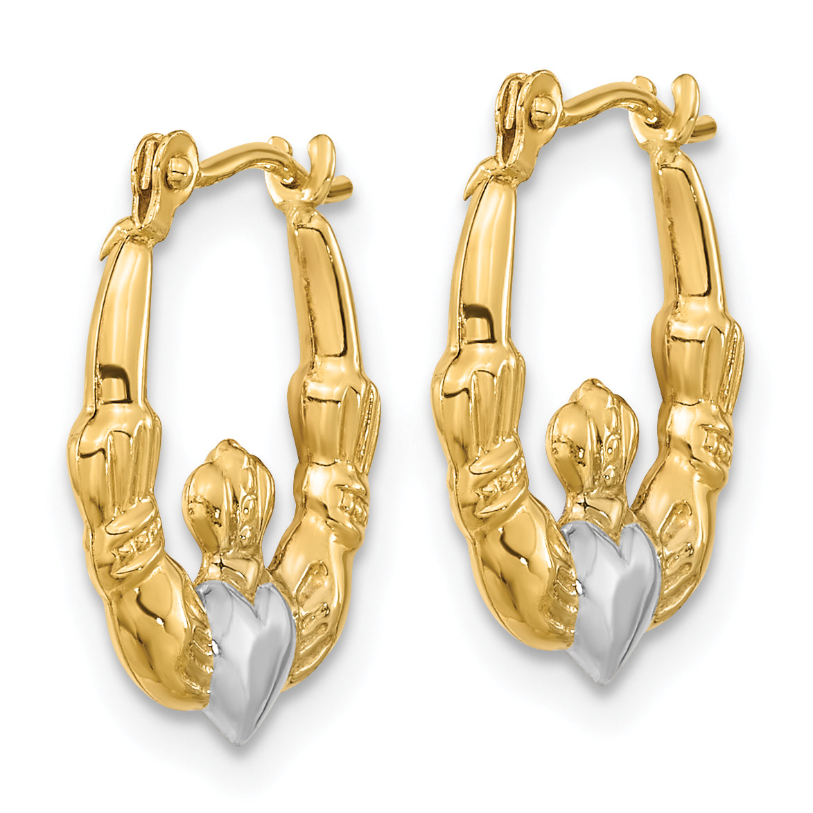 14k w/White Rhodium Polished Claddagh Hoops