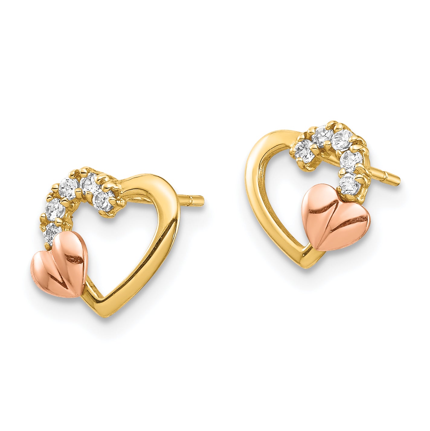 14K Two-Tone CZ Heart Post Earrings