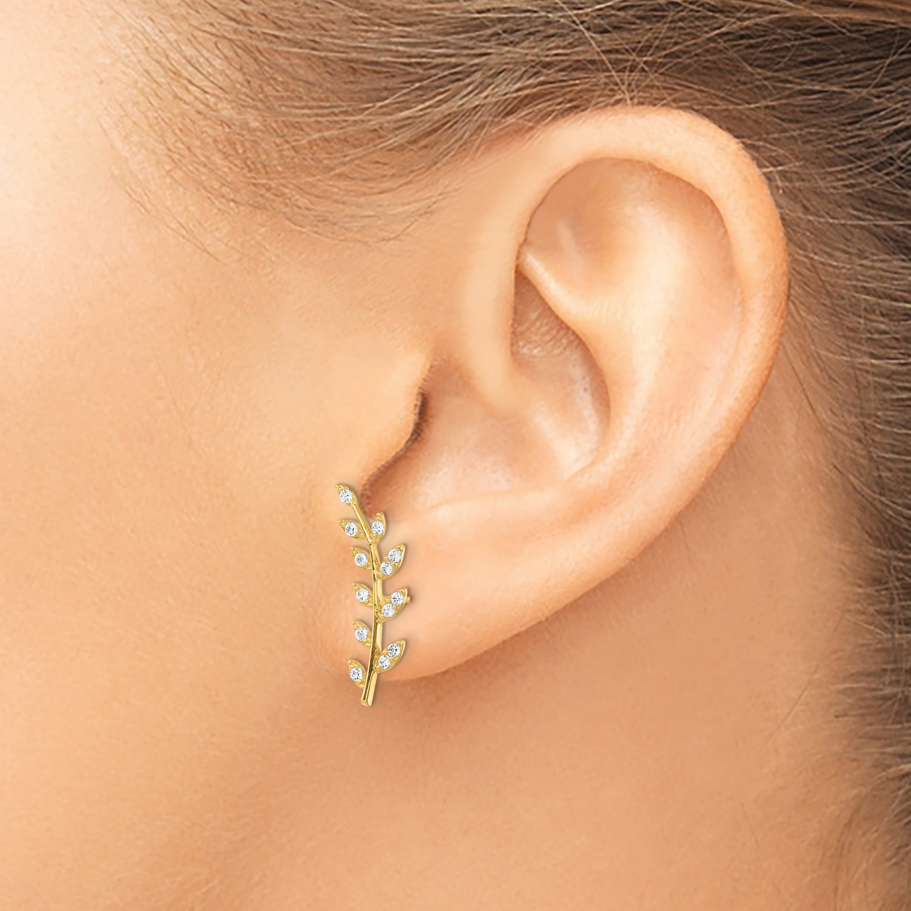 14K CZ Fern Ear Climber Earrings