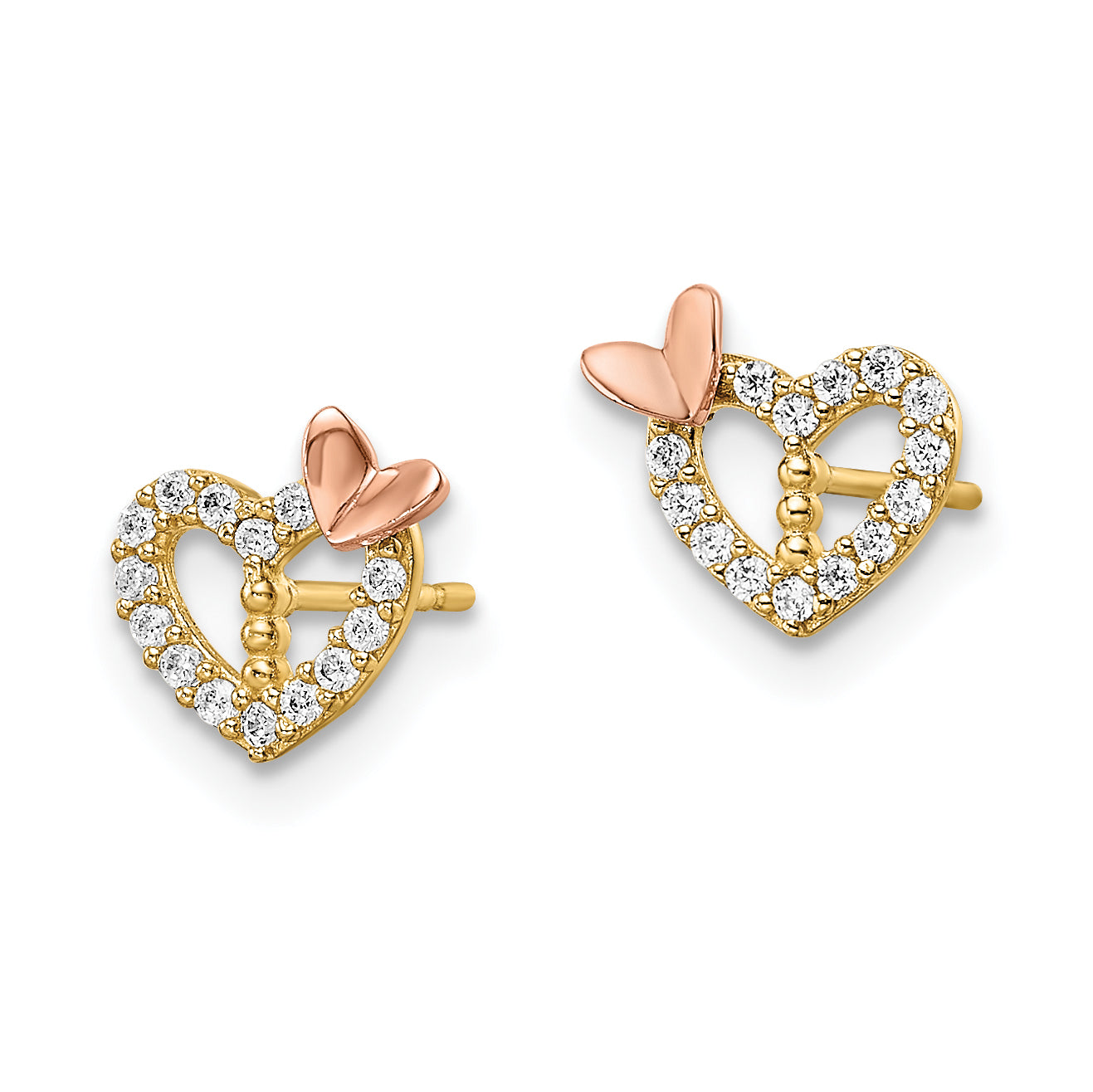 14k Two-tone CZ Heart w/Butterfly Post Earrings