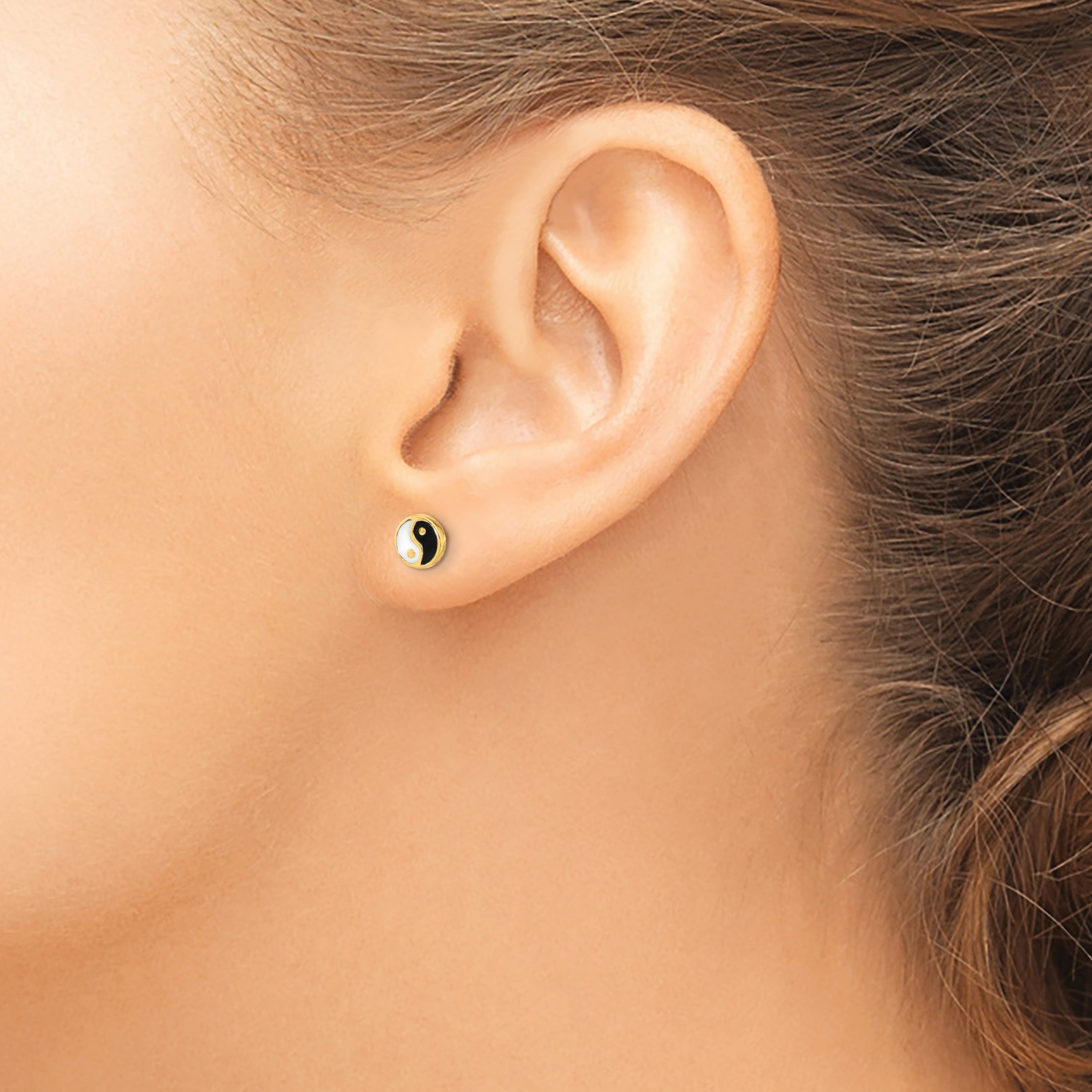 14K Gold Black/White Enamel Yin and Yang Post Earrings