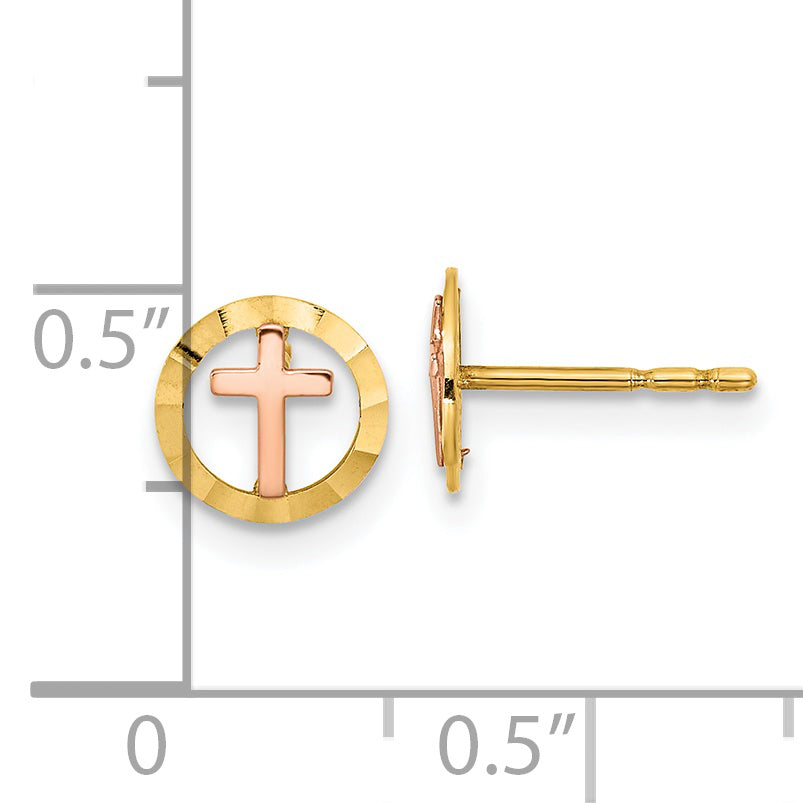 14K Two-tone Circle with Cross Post Earrings