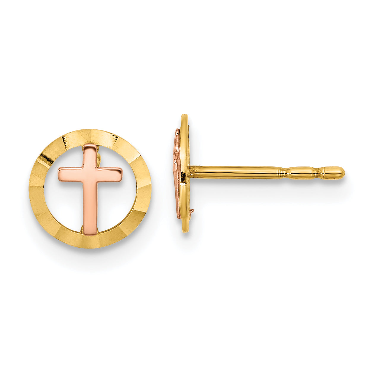 14K Two-tone Circle with Cross Post Earrings