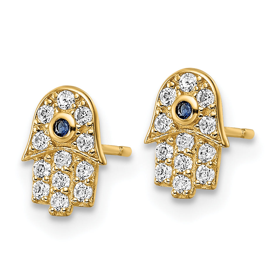 14k CZ & Blue Glass Stone Hamsa Post Earrings