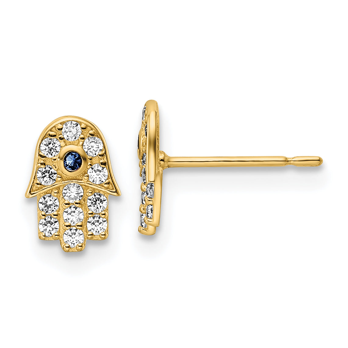 14k CZ & Blue Glass Stone Hamsa Post Earrings