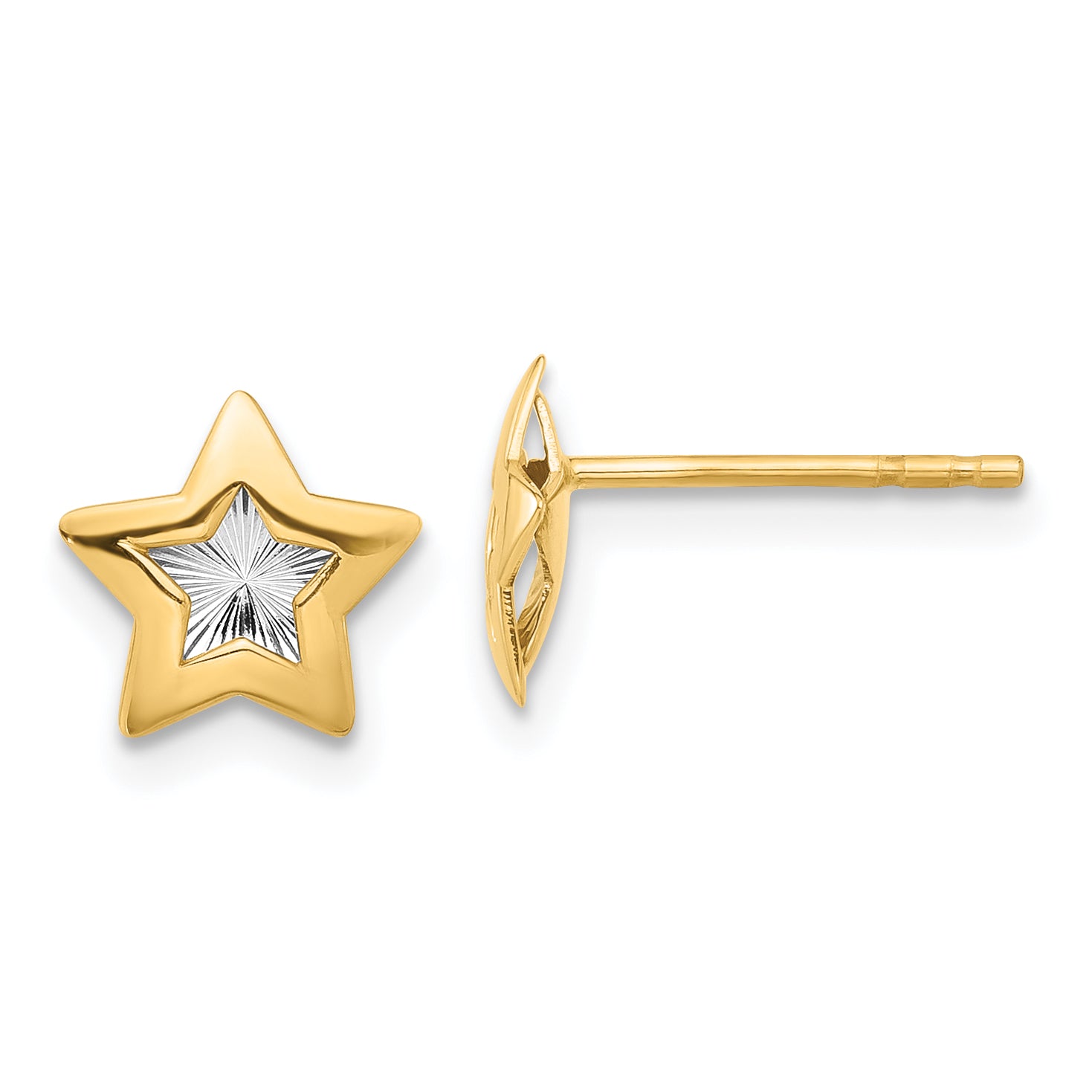 14K with Rhodium Polished and Textured Star Post Earrings