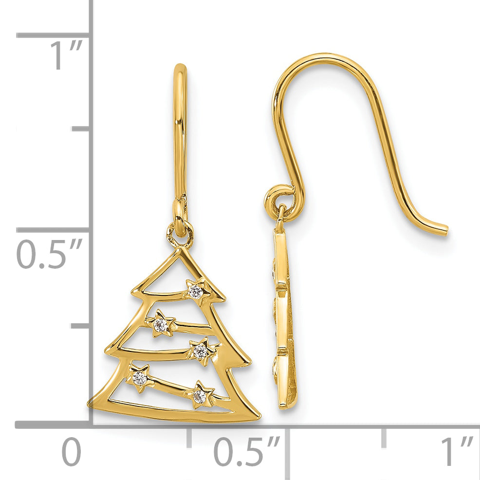 14k Polished CZ Christmas Tree Shepherd Hook Dangle Earrings