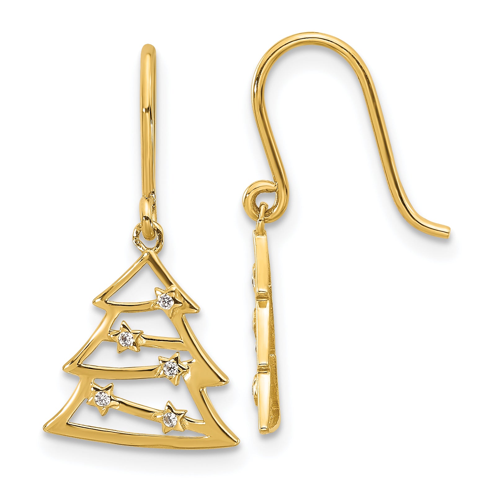 14k Polished CZ Christmas Tree Shepherd Hook Dangle Earrings