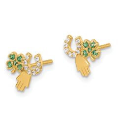 14K Green and Clear CZ Clover Horseshoe and Hamsa Post Earrings