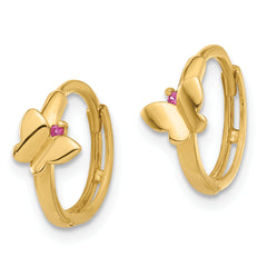 14K Polished Pink CZ Butterfly Hinged Hoop Earrings