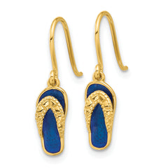 14k Polished Blue Enameled Flip Flop Shepherd Hook Dangle Earrings