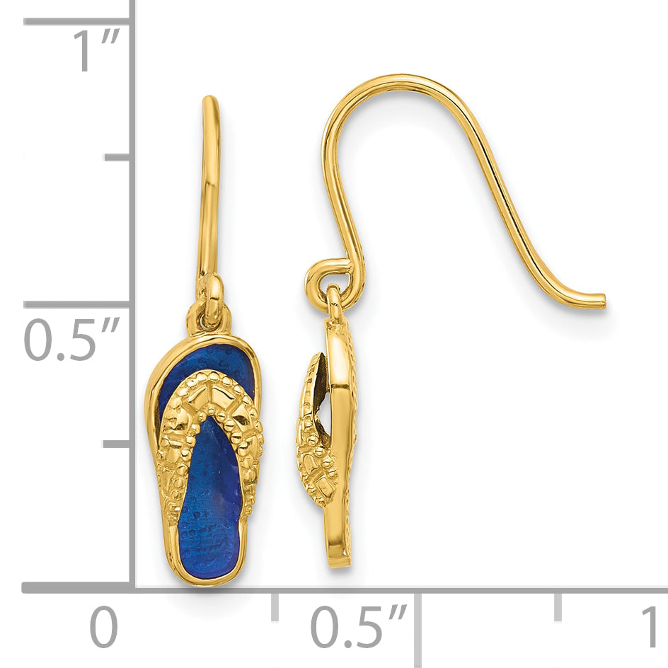 14k Polished Blue Enameled Flip Flop Shepherd Hook Dangle Earrings