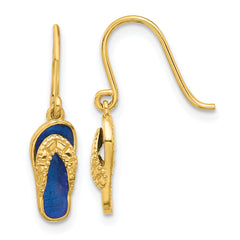 14k Polished Blue Enameled Flip Flop Shepherd Hook Dangle Earrings