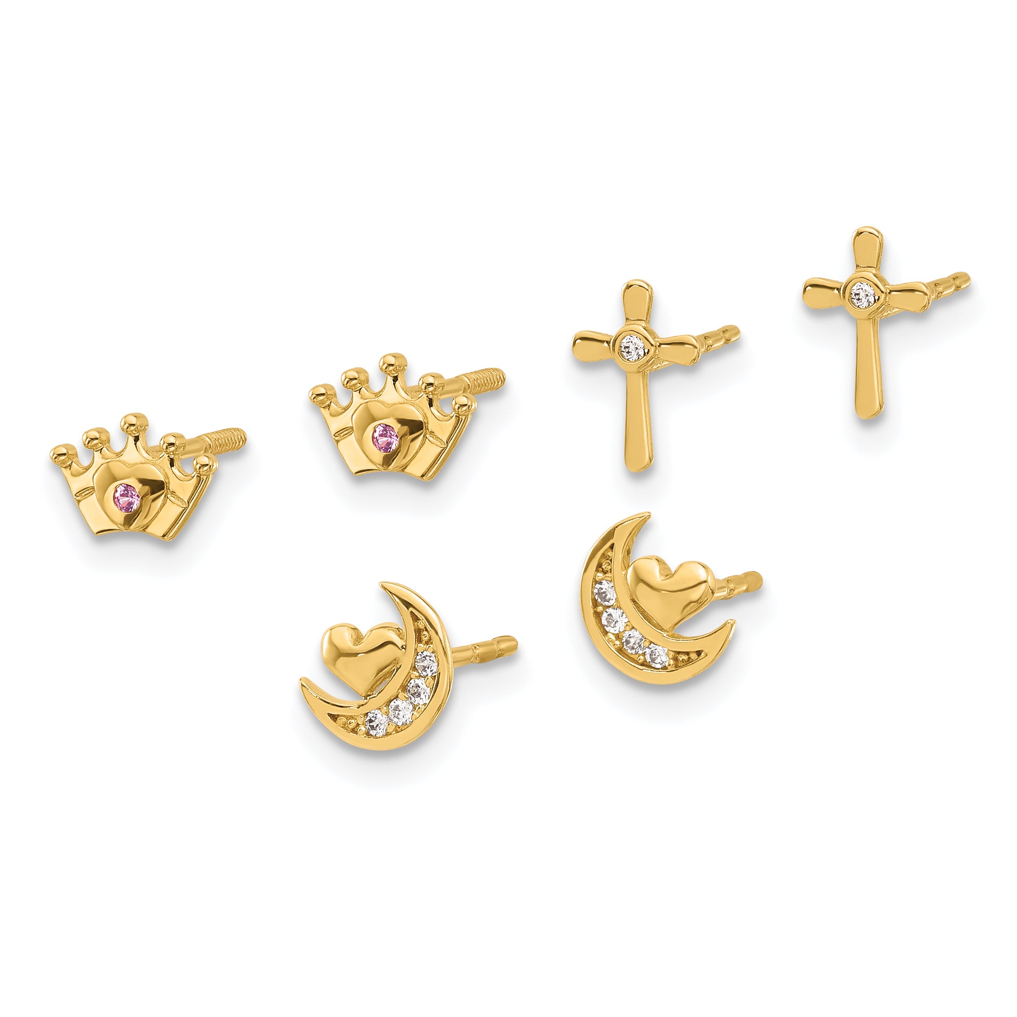 14K Polished CZ Moon Cross and Crown Post Earring Set